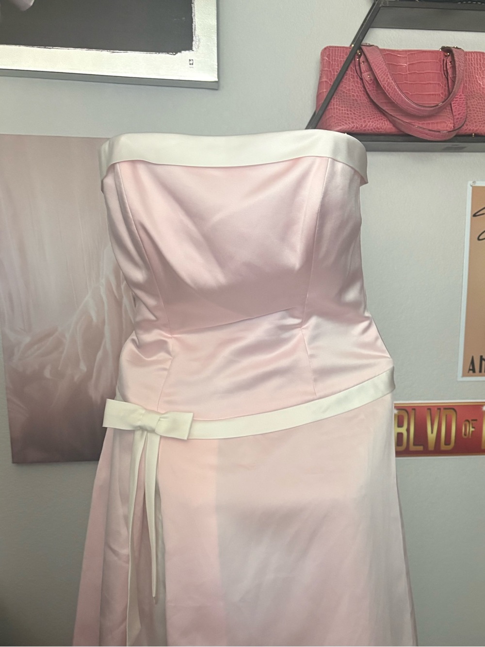 Strapless Pink Satin A-Line Dress with Cream Trim